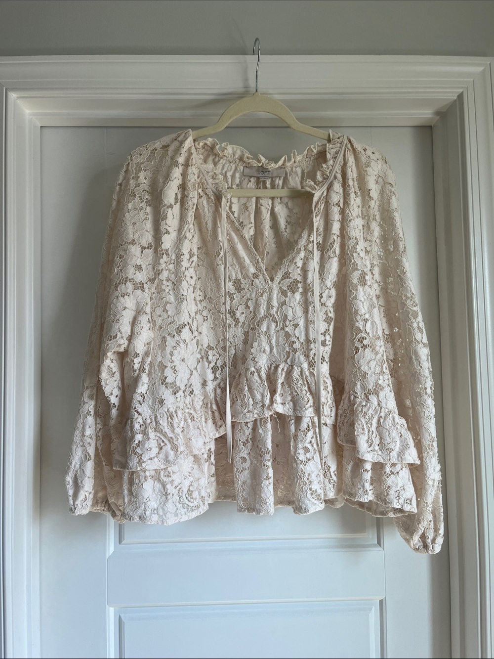 LOFT Cream Lace Peplum Tie-Neck Blouse
